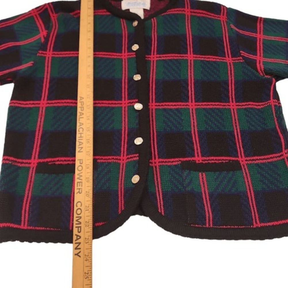 Vintage Tally-Ho Plaid Cardigan Sweater Medium Red Green Blue Crest Buttons 90s - Picture 8 of 12
